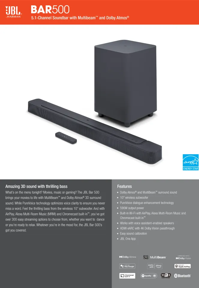 JBL Bar 500 Dolby Atmos Soundbar & Wireless Subwoofer 5.1 Ch 3D Bluetooth 