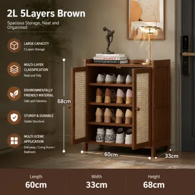 Bamboo Shoe Cabinet With Rattan Door Multi-layer Rack Organizer Indoor Breathable Dustproof 2/3/4Doors