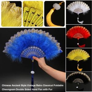 BETTERFORM Chinese Ancient Style Foldable Cheongsam Hand Fan with Plastic Fan Bone Double Sided Lace Folding Handheld Dance Fan High Quality Vintage Retro Classical Fur Womens Fashion Show Fan Fairy Style Girls