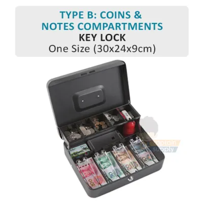 (SG Seller) ★ Key Lock / Passcode Lock Cash Box ★ Password Combination Money Coins Notes Bills Compartments Safe Piggy Bank Save Removable Tray Register Office Retail Shop Minimart Cart Supermarket Medium Large Huge Big Matte Black Documents A4 Paper