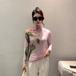 AMMIN สีทึบฤดูใบไม้ผลิและฤดูใบไม้ร่วงแบบเรียบง่ายเสื้อแขนยาวลายขวาง Sablon Bunga ยืดได้สำหรับผู้หญิงเสื้อยืดผ้าฝ้ายสไตล์เกาหลีคอตั้งพิมพ์ลายเพชรสดใสเสื้อสำหรับผู้หญิงไซส์พิเศษ