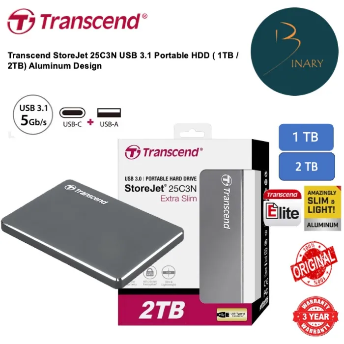 Transcend StoreJet 25C3S Type-C Portable HDD ( 1TB / 2TB ) Aluminium Design
