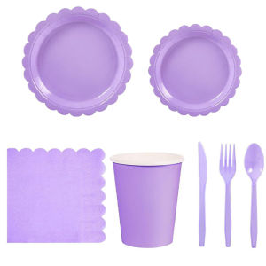 ใหม่ ลูกไม้สีม่วงขาวดำ ของตกแต่งงานปาร์ตี้ เครื่องใช้บนโต๊ะอาหารแบบใช้แล้วทิ้ง เรียบง่าย สีทึบ แผ่นกระดาษ ถ้วยกระดาษ ผ้าขนหนู มีด ส้อม ช้อน