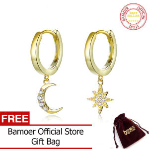 bamoer Genuine 925 Sterling Silver Moon and Star Dangle Earrings with Charm Clear CZ Gold Color Jewelry New SCE785
