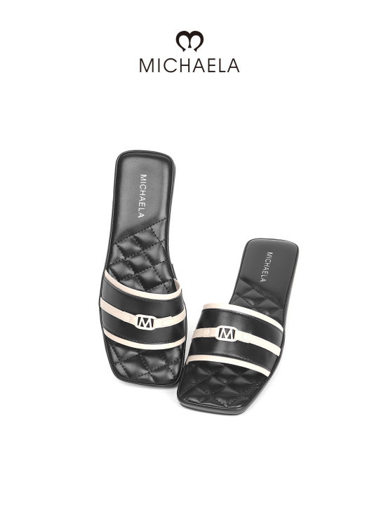 Michaela Black Quilted Flat Sandals Folded Flat Sandals - Main Image