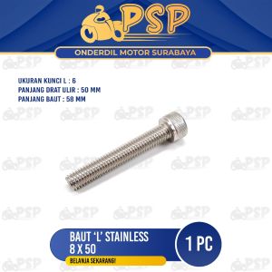 Baut "L" Stainless 8 x 50 (Harga 1 PC) - Baud Stanlis Baut 12 Kunci L 6 M8 Panjang 50 mm SUS 304