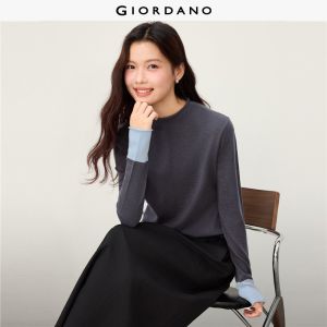 Giordano Beau Monde Women Pintuck mock neck contrast cuff sweater Free Shipping 13356642