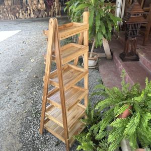 ชั้นไม้สักแท้ สีโอ๊ค สีธรรมขาติ 100 cm พับได้  6 ชั้น   ชั้นวางต้นไม้  โชว์สินค้า วางขนม วางเครื่องสำอาง