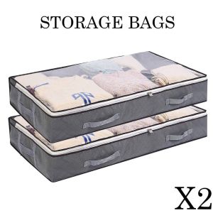2PCS Foldable Underbed Bag Nonwoven Large Zipped Organizer Solution Dustproof Storage