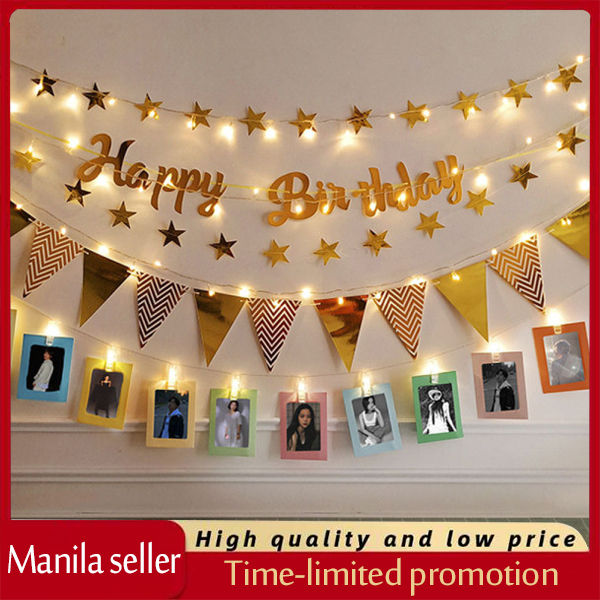 1 Set 3m Colorful LED 30 Light String + Happy Birthday Pull Flag Banner+Triangle  Flag Party Decoration with Sticker（New Arrival）