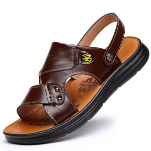 2024 Summer New Beach Shoes Mens Leather Casual Dual Use Slippers Mens Thick-Soled Cowhide Sandals for Middle-Aged Men ㏇L0529