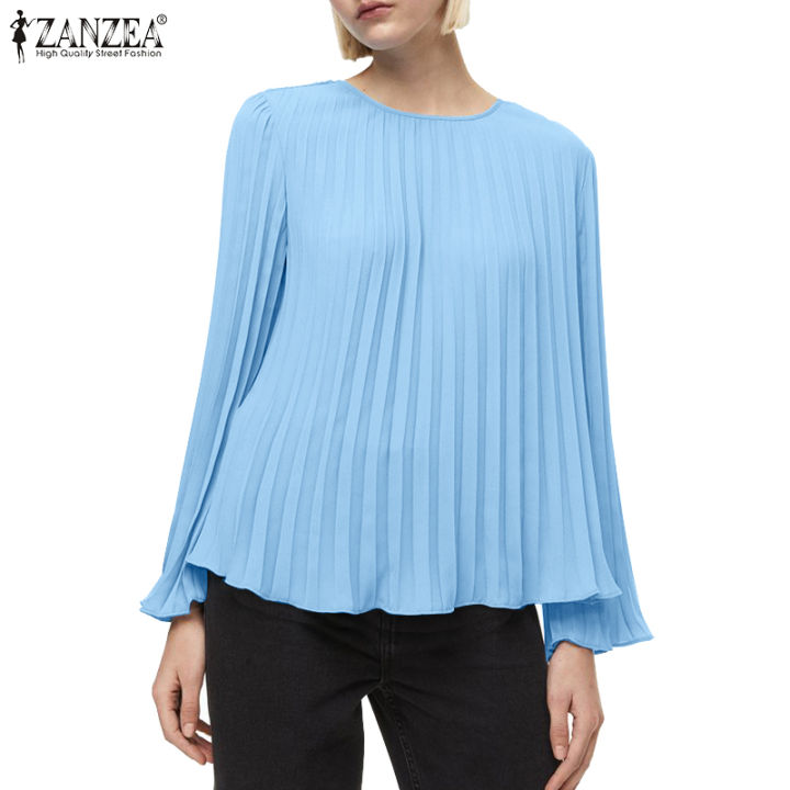 ZANZEA Womens Elegant Round Neck Flare Sleeve Blouses Spring