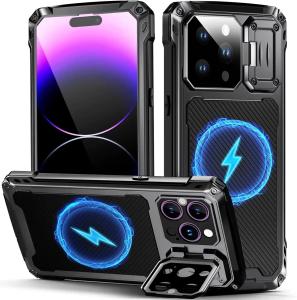 For iPhone 17 16 15 Plus 14 Pro Max Air Aluminum Metal Shockproof Magnetic Case Heavy Duty Armor Cover Screen Protect Lens Stand