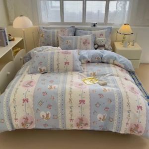 100% Cotton Bedding Set 3/4pcs Korean Cute Bunny Floral Printed Duvet Cover Set Ultra Soft Breathable High Density Quilt Covers