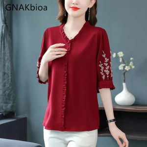 Embroidery Shirt Womens Summer Chiffon Top New Large Size Printed Tops Fashion Style Casual Wear Shirts