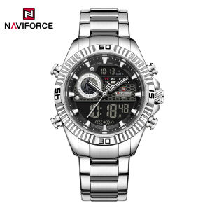 NAVIFORCE Original Men Dual Time Watch LCD Display Quartz Movement Stainless Steel Strap Waterproof 30m Calendar Date Chronograph Men Casual Fashion Outdoor Multi-function Watch NF9262S