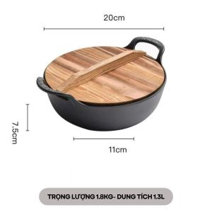 Chảo gang đúc cao cấp chống dính lòng sâu Nồi gang Tặng kèm nắp gỗ  Đường kính 20cm Trọng lượng 2500gr Dung tích 2500ml