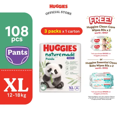 Huggies Naturemade Panda Pants Diapers M56 / L42 / XL36 / XXL24 (3 Packs) - Super Premium Baby Diaper with Bamboo Fiber