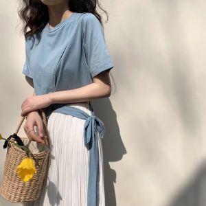 SHUFU 2024 Ready Stock Korean short sleeve top irregular tops for women round neck croptop cotton t shirt crop plus size plain blouse