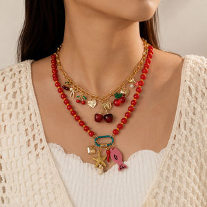 Fashionable Dopamine Necklace with Starfish Heart and Fish Pendants Colorful Acrylic Beads Womens Necklace