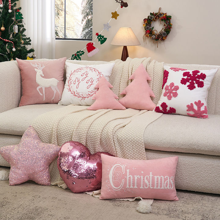 30x50cm/45x45cm New style Pink Christmas Pillow, Deer Snowflake Circle  Velvet Sofa Cushion, Living Room Bedroom Pillow, Soft Tufted Embroidered  Pillow