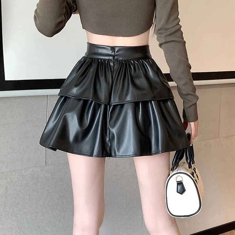 beautifultime Women's Faux Leather Mini Skirts Cute High Waist Solid Color  Layered Ruffle Hem A-Line Skirts Short Skirts