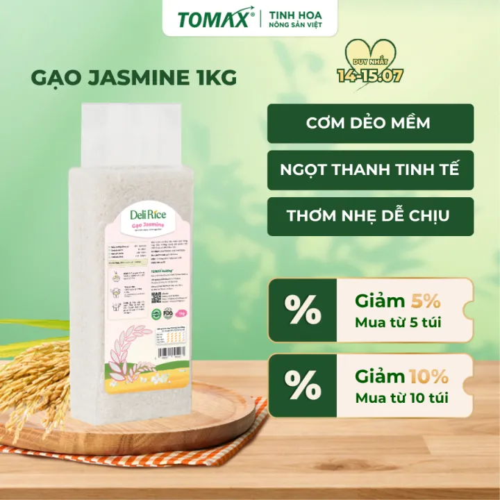 Gạo Jasmine Deli Rice (1kg) không đấu trộn - Thơm hương tự nhiên, cơm dẻo mềm, tơi xốp - TOMAX
