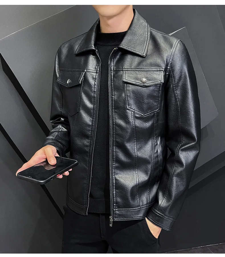 Cozy Up Long-sleeved Leather Jackets Men Lapel Handsome Motorcycle Solid  Color Pocket Decoration