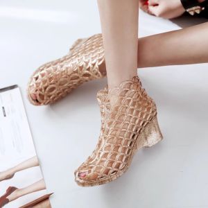 Free Shipping Plastic Sandals WomenS Mesh Shoes High Heels Hollow-Out Design Jelly-Like Material Thick Soles Mom Shoes High Heels Breathable Crystal Embellishments Fish-Mouth Style Wedge Heels