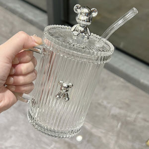 Ly Cốc Gấu Thuỷ Tinh Trong Suốt Có Nắp Đậy Kèm Ống Hút Xinh Xắn Chịu Nhiệt Tốt Dung Tích 400ml