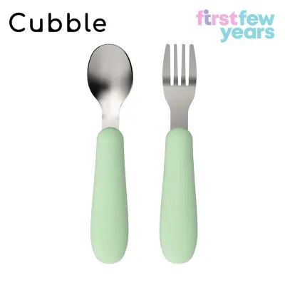 Cubble Silicone Stainless Steel Fork and Spoon Set (6 Colours) Toddler First Self Feeding