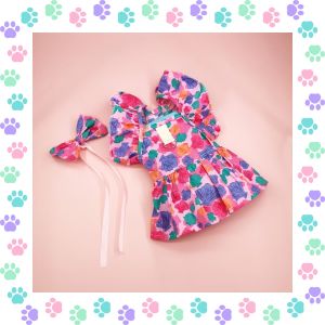 【Deal】 Whisker Blue Floral Print Set Dog Dress for Shih Tzu Bowknot Hairpin Puppy Female Flower Clothing Baby Cat Dress Pet Birthday Gown