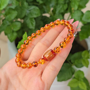 Q1975 Vòng Hổ Phách Hoa Baltic 6li mix lu thống Ngọc Agate Đỏ khắc tâm kinh không kén mệnh - Phong Thuỷ TUDO P