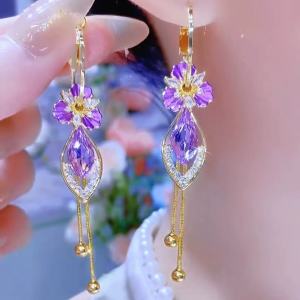 Fashionable Ring Gift 气质高级感锆石花朵流苏耳环女轻奢小众设计感耳坠时尚百搭耳饰潮