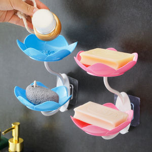 1PC Lotus Shape Soap Tray with Drainage Double Layer Soap Dish Punch Free Wall Mounted Soap Dish