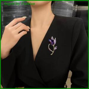 AngelCity Fashion Store Vintage Luxury Purple Crystal Tulip Flower Brooches For Women Elegant Clothes Suit Accessories Lapel Pins Party Jewelry Gifts