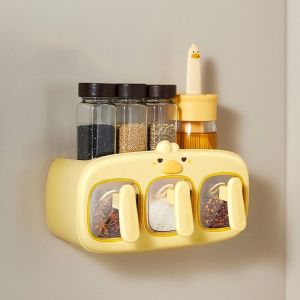 CUBBY 3 Grids Spice Storage Rack Wall-Mounted with Spoon Kitchen Seasoning Jar Durable Sealed Spice Storage Container Home Use