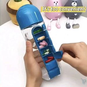 Portable 2 in 1 water bottle with pill organizer leak proof sports tumbler weekly medicine box fitness water cup vitamin organizer gym bottle 600ml capacity.