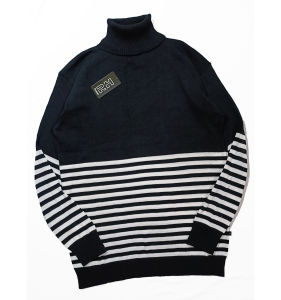 SWEATER RAJUT PRIA TURTLENECK KOREAN STYLE - KNITWEAR LENGAN PANJANG MOTIF BELANG HITAM STRIP PUTIH RH