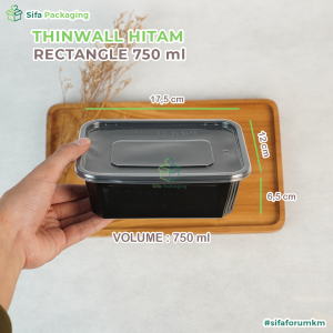 Thinwall Persegi Panjang Hitam Plus Tutup 500ml 750ml 1000ml Kotak Makanan Wadah Plastik Isi 25 Pcs