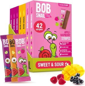Bob Snail Fruit Leather Stripes – Mix Flavors Raspberry Mango-Pear Blackcurrant – Sugar Free Vegan for Adults and Kids 42 Bars (Pack of 7 588g)