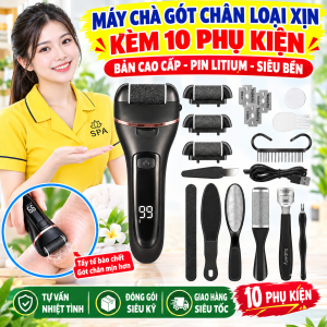 Bộ Máy Chà Gót Chân Kèm 10 Phụ Kiện Cao Cấp Máy Mài Gót Chân Có Đèn Và Màn Hình Pin LED