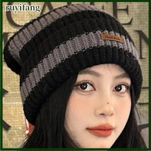 ruyifang หมวกให้ความอบอุ่นในฤดูหนาวสำหรับผู้หญิงหมวกถักแบบเรียงซ้อนแบบลำลองหมวกผู้ชายลายทางฮิปฮอปยูนิเซ็กส์บีนนี่ผู้หญิง