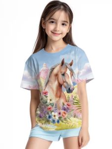 [Local Stock] VCC Childrens Clothing Vintage Horse Print Graphic Girl Clothes Short Sleeve Boys T-Shirt Kids Summer Clothes Girl Top O-Neck Tee﻿