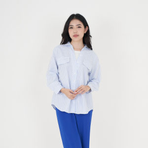 QUEENTIN Blouse Wanita Casual 0652 Katun Polymicro Motif Salur Lengan Panjang