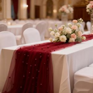 KAWAII BOX Romantic Wedding Table Runner Multi-color Luxury Gauze Tablecloth Household Semi-Transparent Pearl Chiffon Runner Wedding