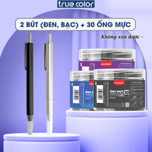 Set 4 Bút máy EF + hộp 50 ống mực xanh/đen/tím bút máy học sinh ngòi kim EF bút máy bấm thay mực viết trơn mượt dùng cả ống mực và bơm mực dành cho học sinh