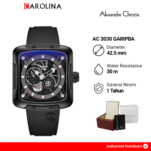 Jam Tangan Pria Alexandre Christie Automatic AC 3030 GARIPBA Black Dial Black Rubber FKM Strap