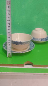 Bộ 5 chén và đĩa lót chấm tuyết xanh viền