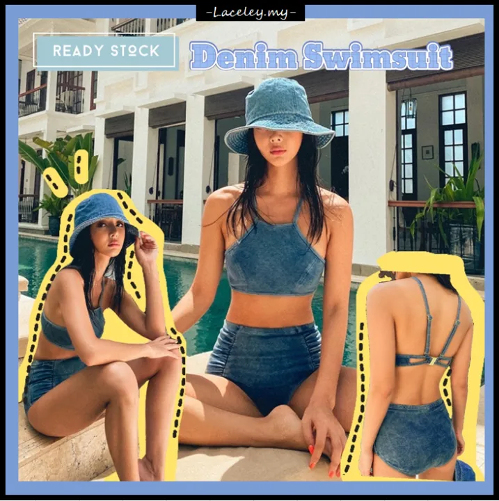 READY STOCK Summer Denim Two Piece Korean Style Swimsuit Swimwear